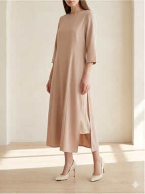 The Collective Minimalist Layered Overlay Dress Beige Tan Nude L Casual Modest